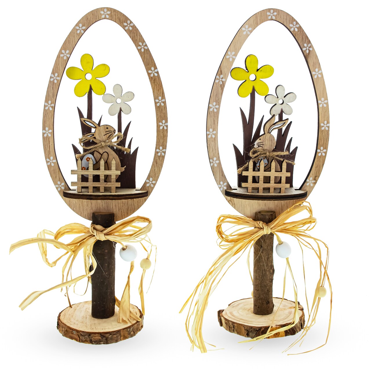 Set of 2 Rustic Wooden Easter Egg Tabletop Decorations With Bunny Scene 10.7 Inches Tall